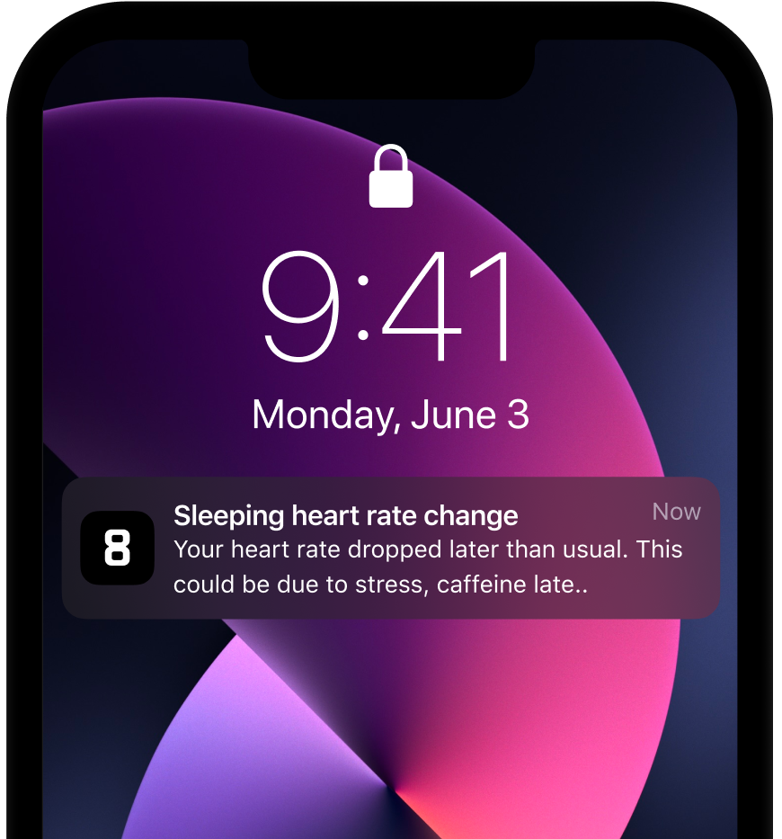 A phone screen showing a notification from the Eight Sleep App: "Sleeping heart rate change. Your heart rate dropped later than usual. This could be due to stress, caffeine, ..."